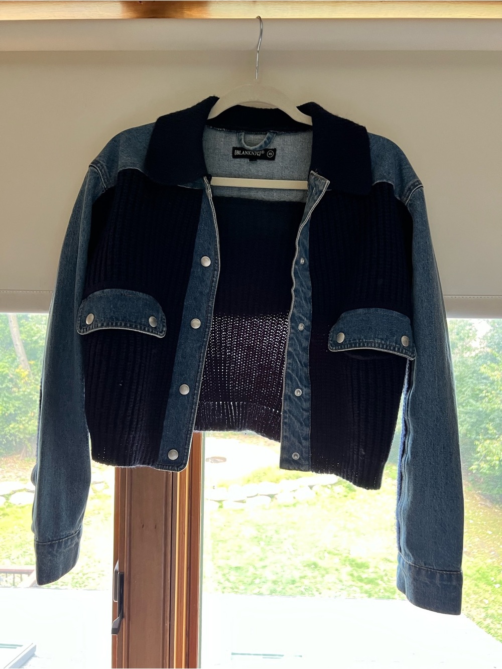 Blank NYC Black Knit with Blue Denim Cropped Jacket